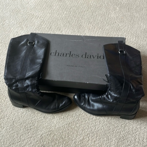 Charles David tall, black leather boots with lace up at angle. Side zip. - Picture 2 of 8